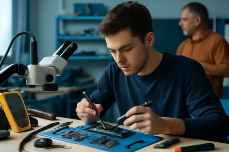 Melhores cursos manutenção celular em oficina com técnico reparando smartphone