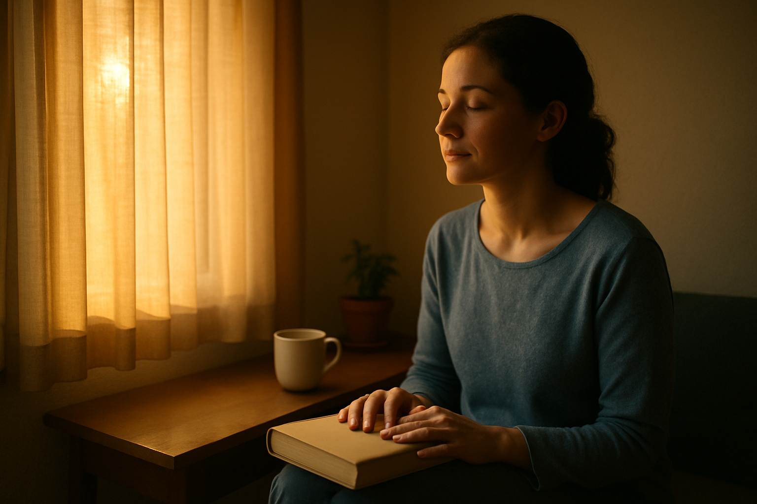 Pessoa contempla um livro junto à janela; palavras que curam alma em luz dourada.
